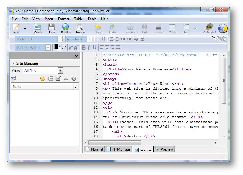 Kompozer editor with home page text in code view
