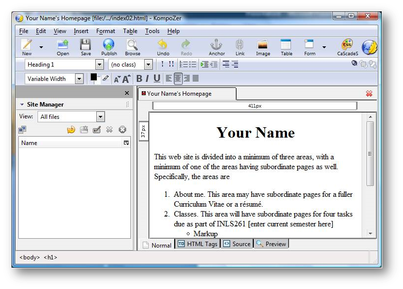 Kompozer editor with home page text in design view