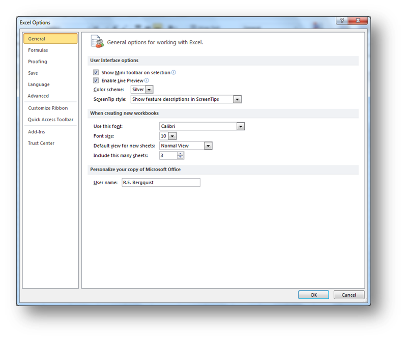 [Excel 2007 setup options dialog box]