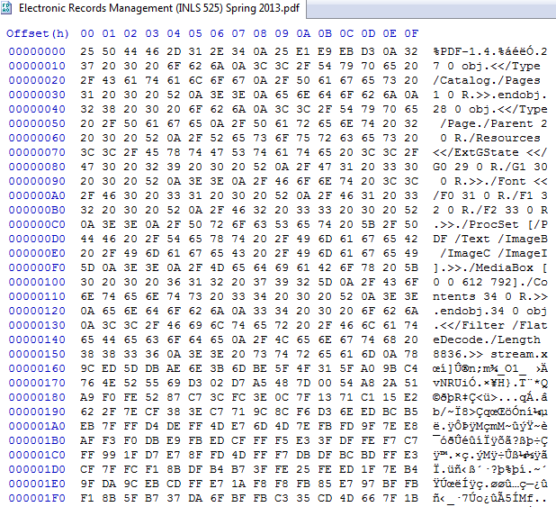 Hex/ASCII view of a PDF