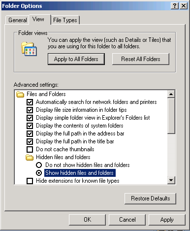 Note the "Show hidden files and folders" option which is off by default.