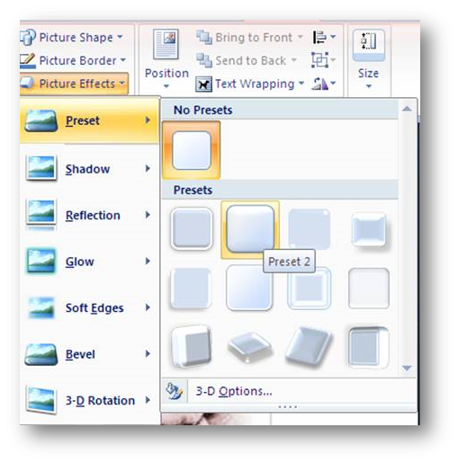 [MSWord 2007 picture ribbon, picture effects dialog box] /