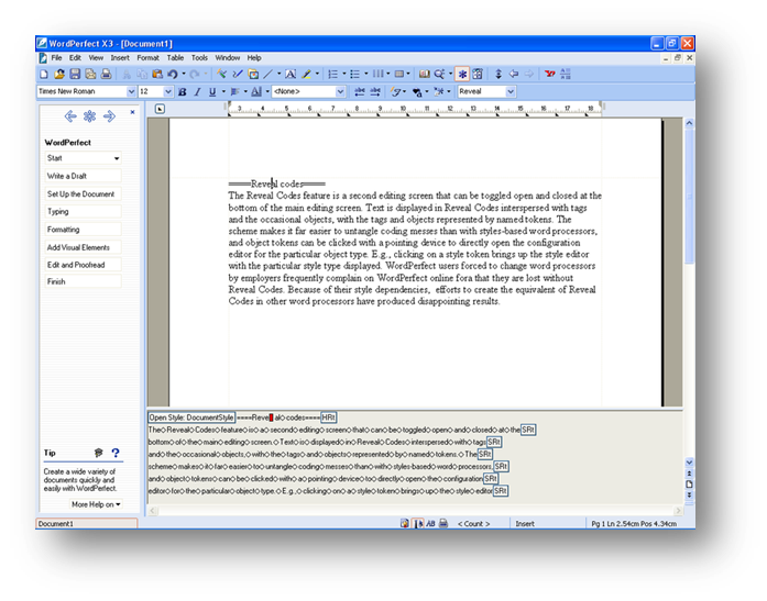 example of the WordPerfect markup language view