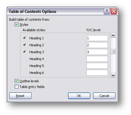 [MSWord 2007 ToC options dialog box]