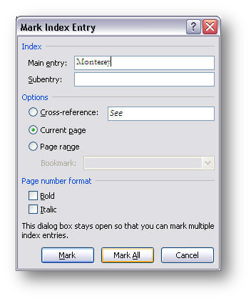 [MSWord 2007 mark index entry dialog box]