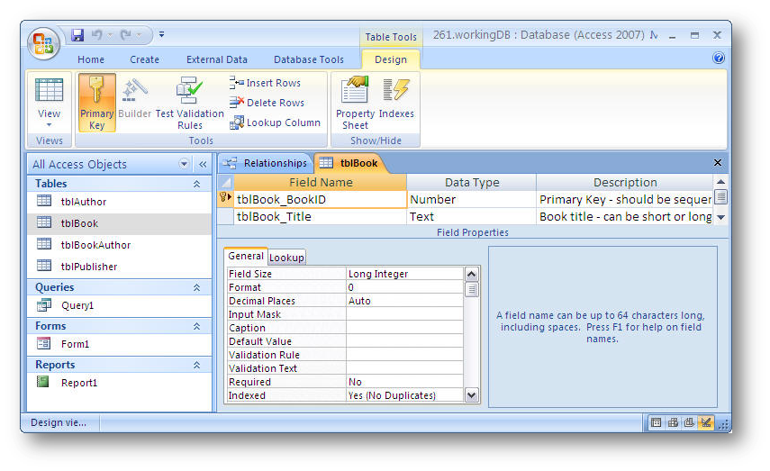 a screenshot of the Access tables dialog box showing the field name