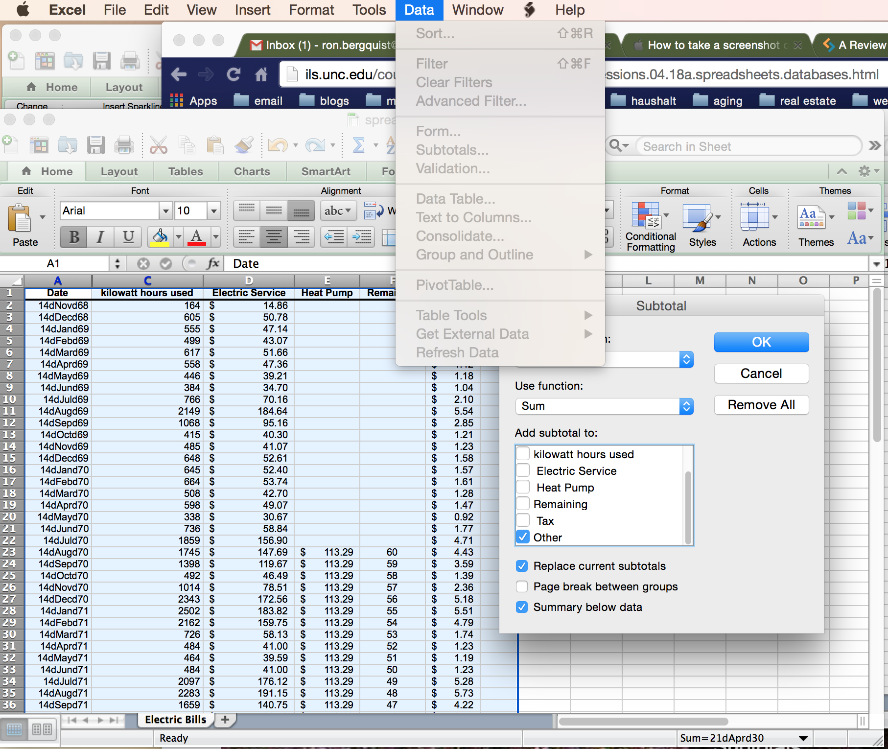 [subtotal data array in Excel 2013]