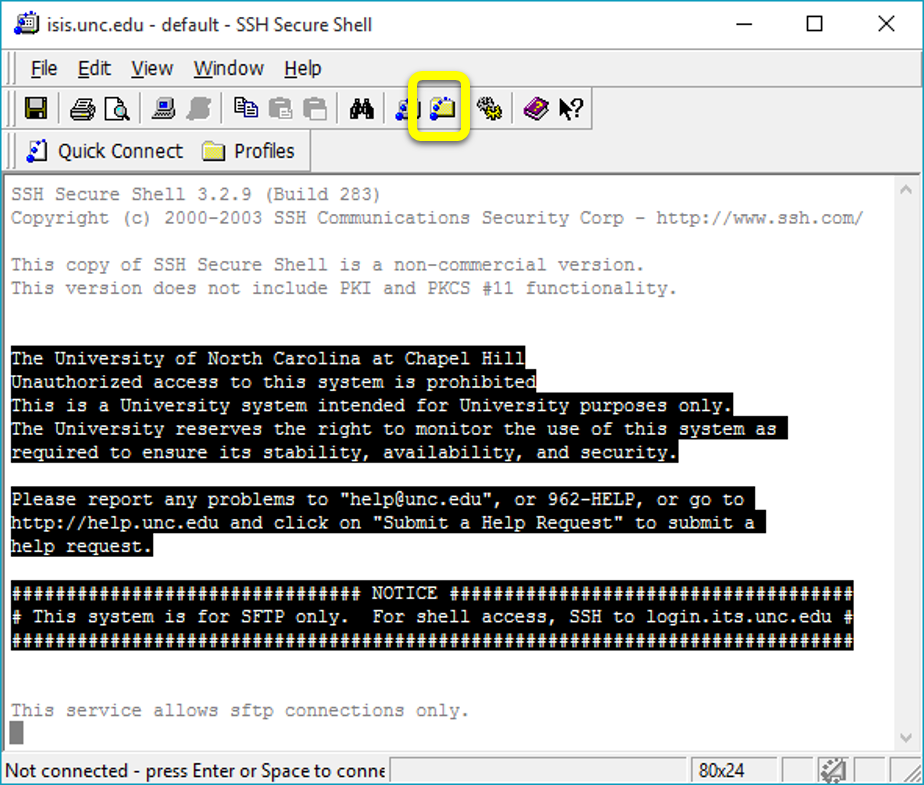 SSH terminal window with command line into ITSfiles using UNIX