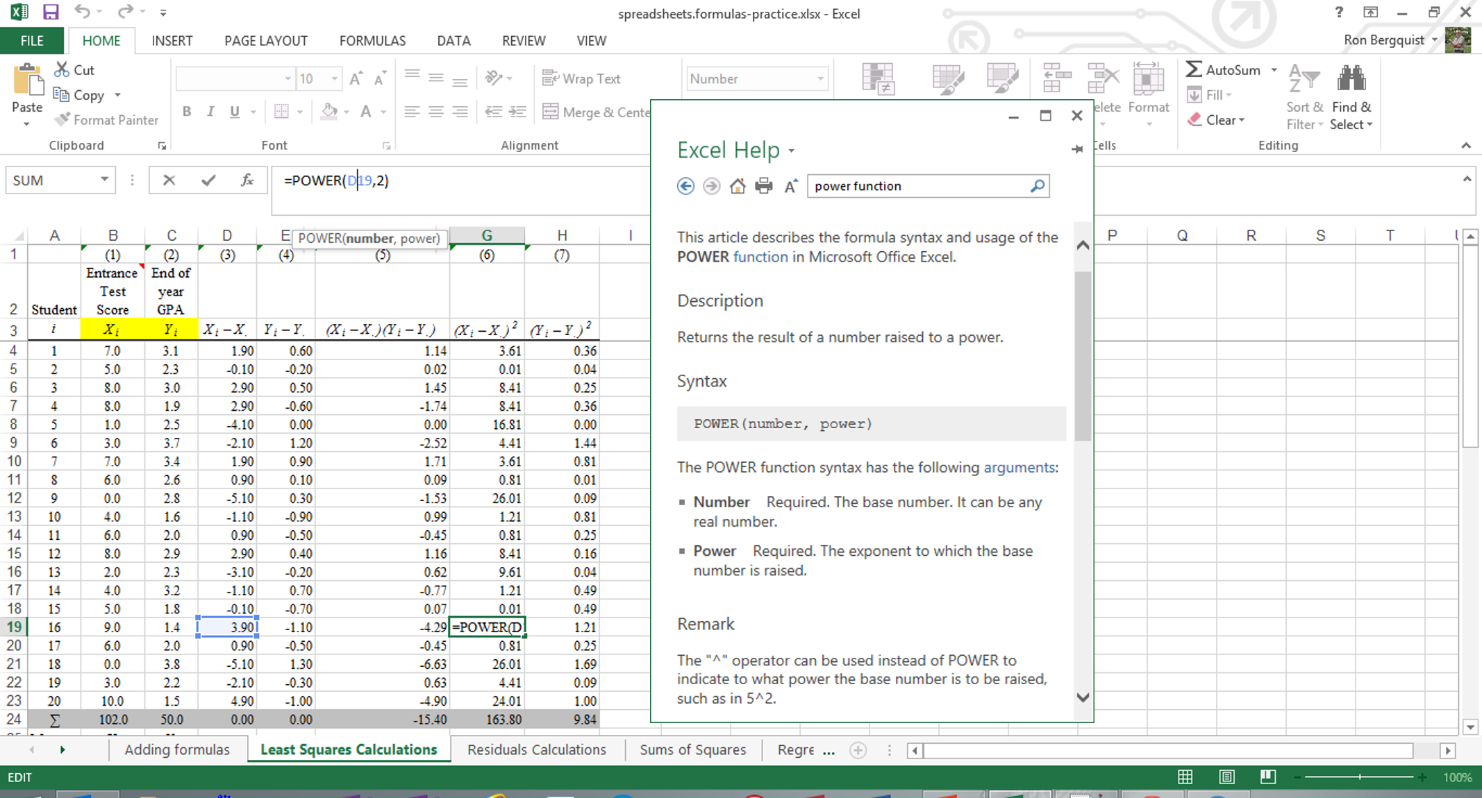 [MSExcel 2014 displaying a power function]