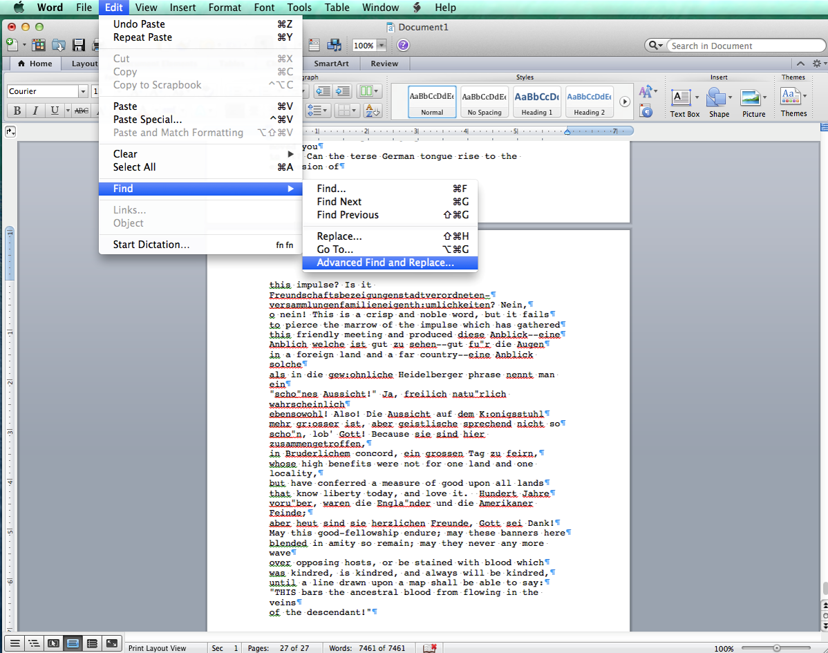 [Mac Word2013 CMD+H Find & Replace dialog box]
