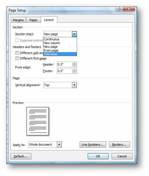 [page layout dialog box for MSWord 2007]