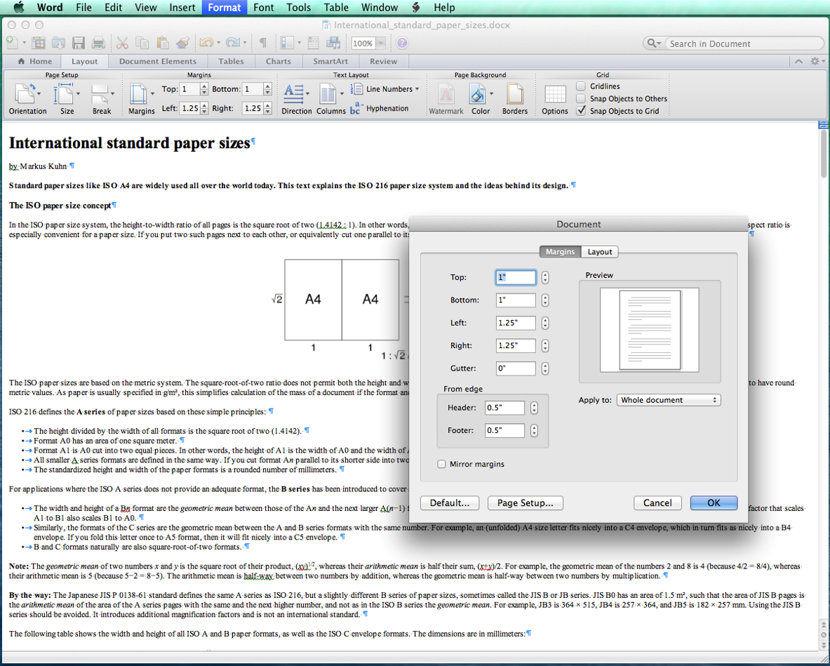 [page layout dialog box for MSWord 2013]