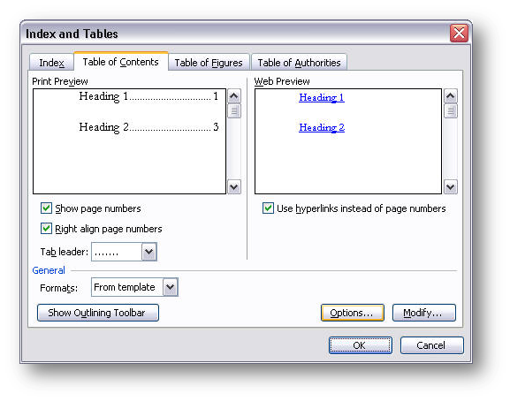 table of contents dialog box