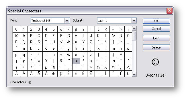 [OpenOffice Writer special characters/symbols dialog box]