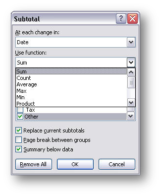 [subtotal function option in dialog box]
