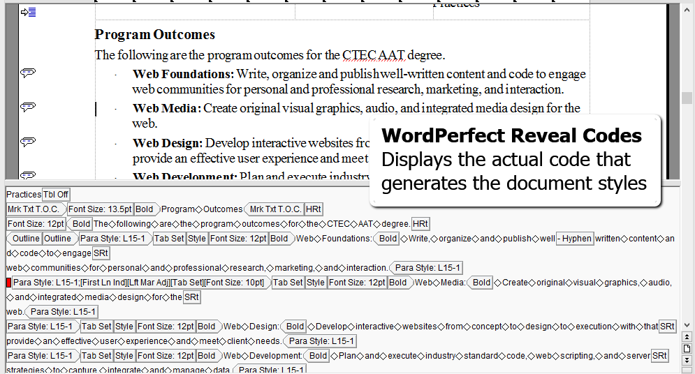 example of the WordPerfect markup language view, from https://lorelle.wordpress.com/
