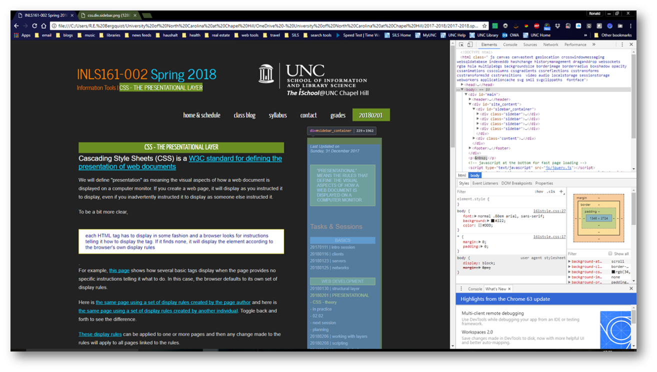 screenshot of the current page from the spring semester viewed in Firefox developer view