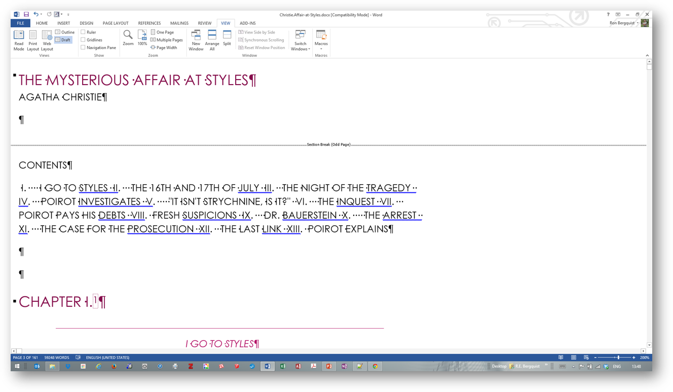 [MSWord 2013 draft view with section breaks]