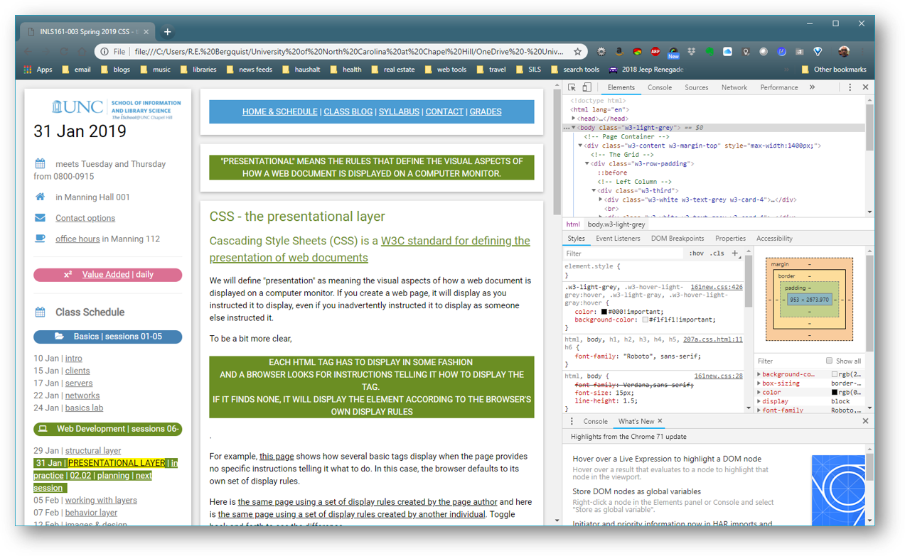 screenshot of the current page from the spring semester viewed in Firefox developer view