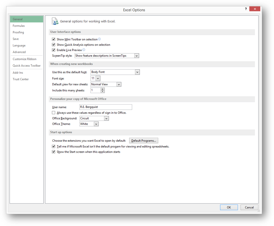 [Excel 2013 setup options dialog box]