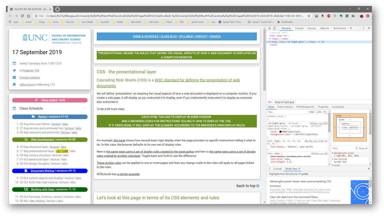 screenshot of the current page from the fall semester viewed in Chrome developer view