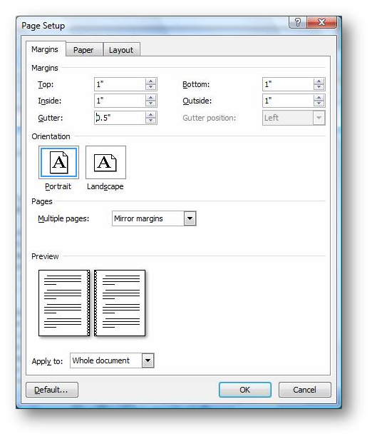 [page margins dialog box for MSWord 2007]
