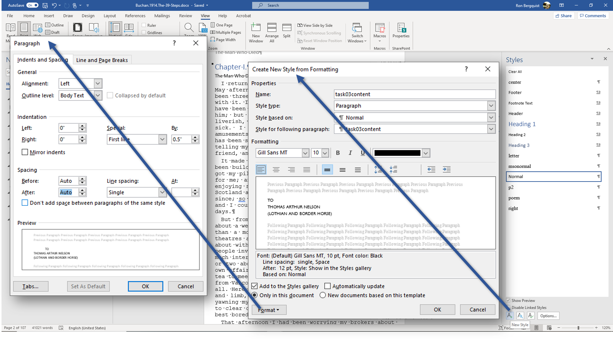 [MSWord 365 styles sidebar and dialog boxes]