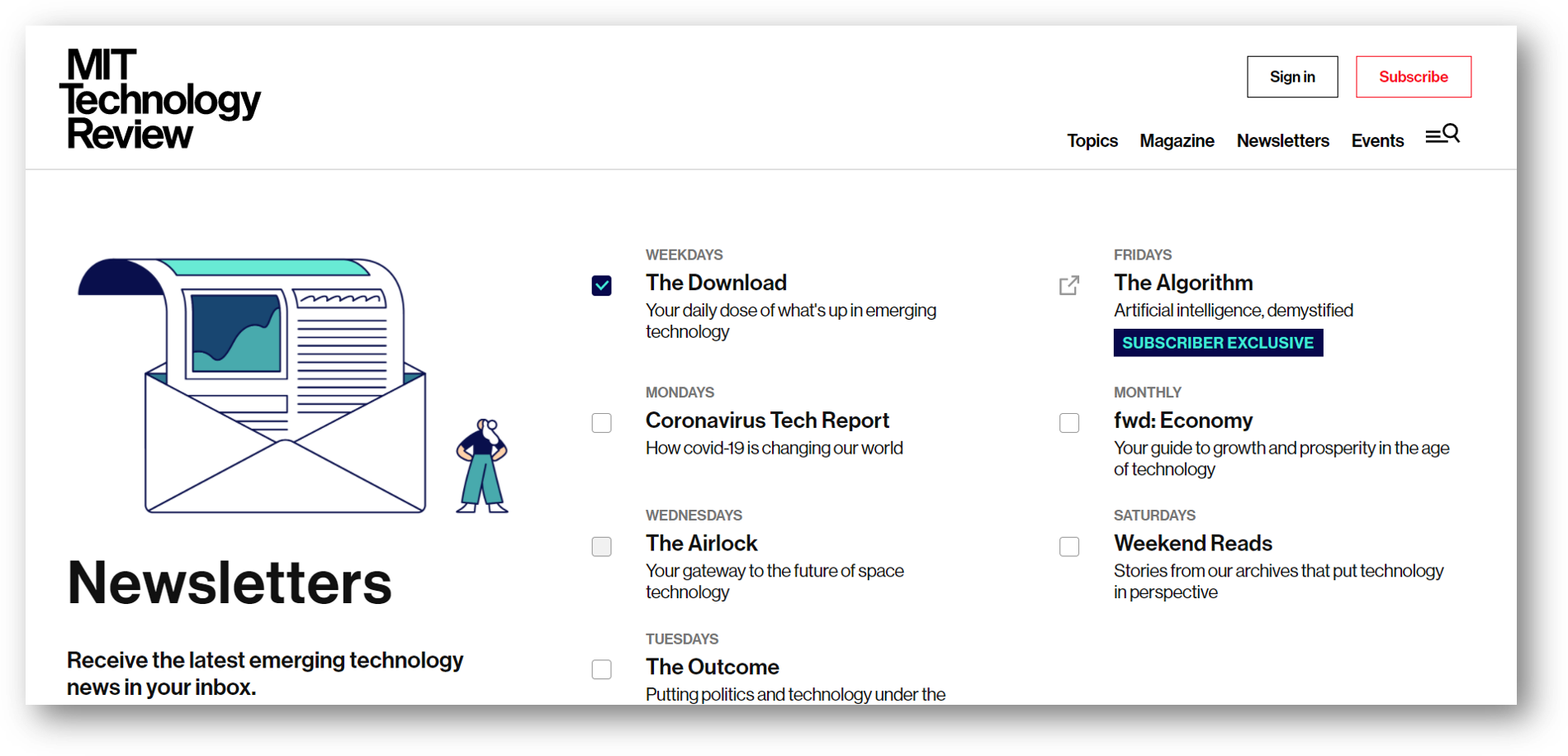 image of technology review newsletters signup page