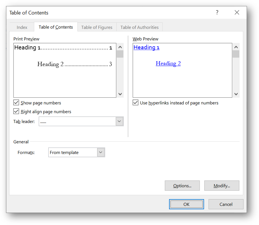 [Office365 Table of Contents dialog box]
