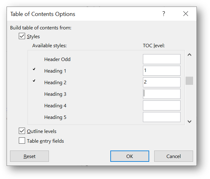[Office365 ToC options dialog box]