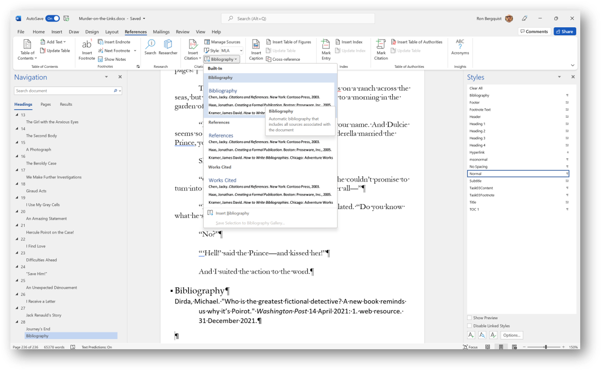 [MSWord 365 showing bibliography based on created MLA citations]