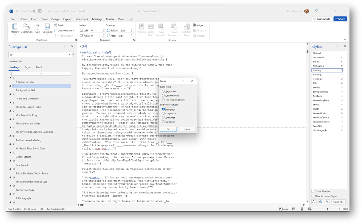 [MSWord 365 draft view with keyboard shortcut section breaks]