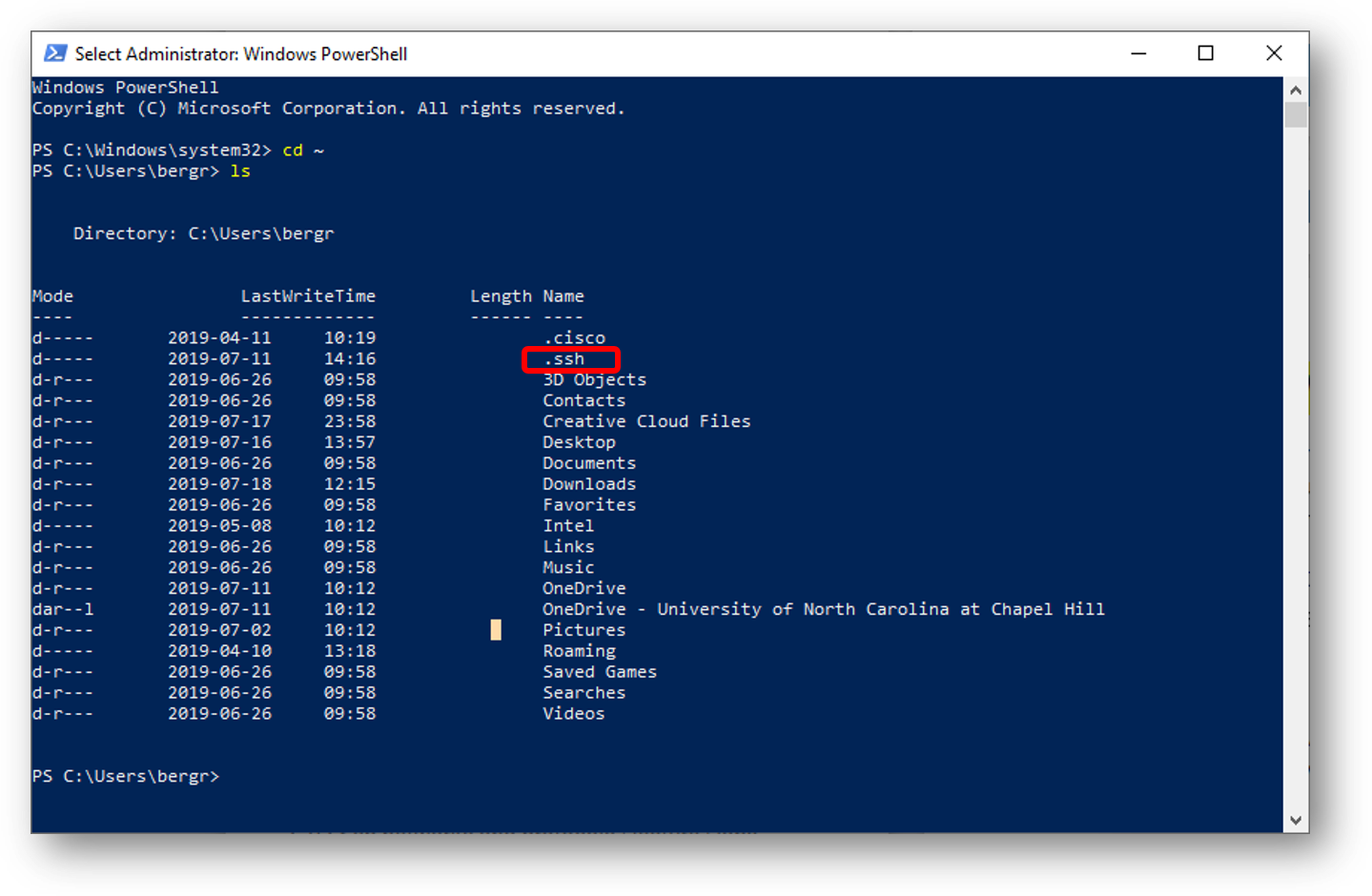 Powershell command line showing .ssh