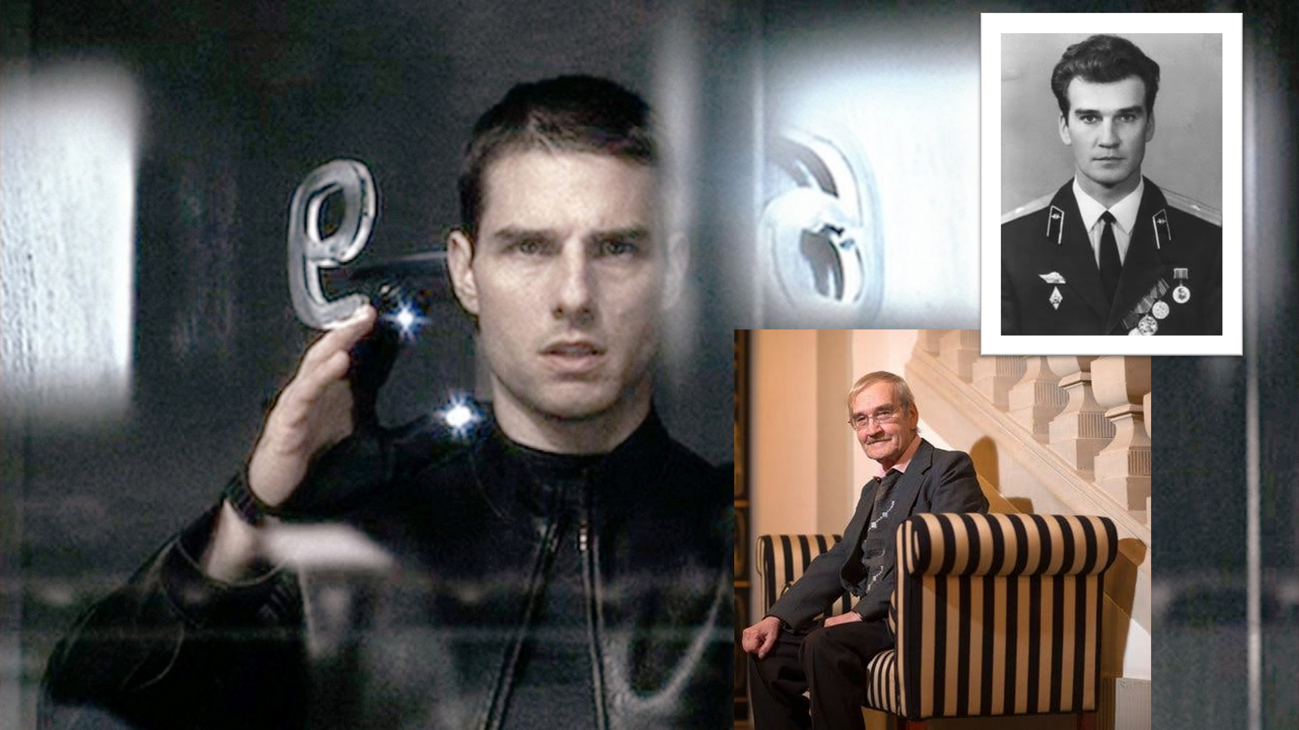 Stanislav Petrov, young and old, over The Matrix