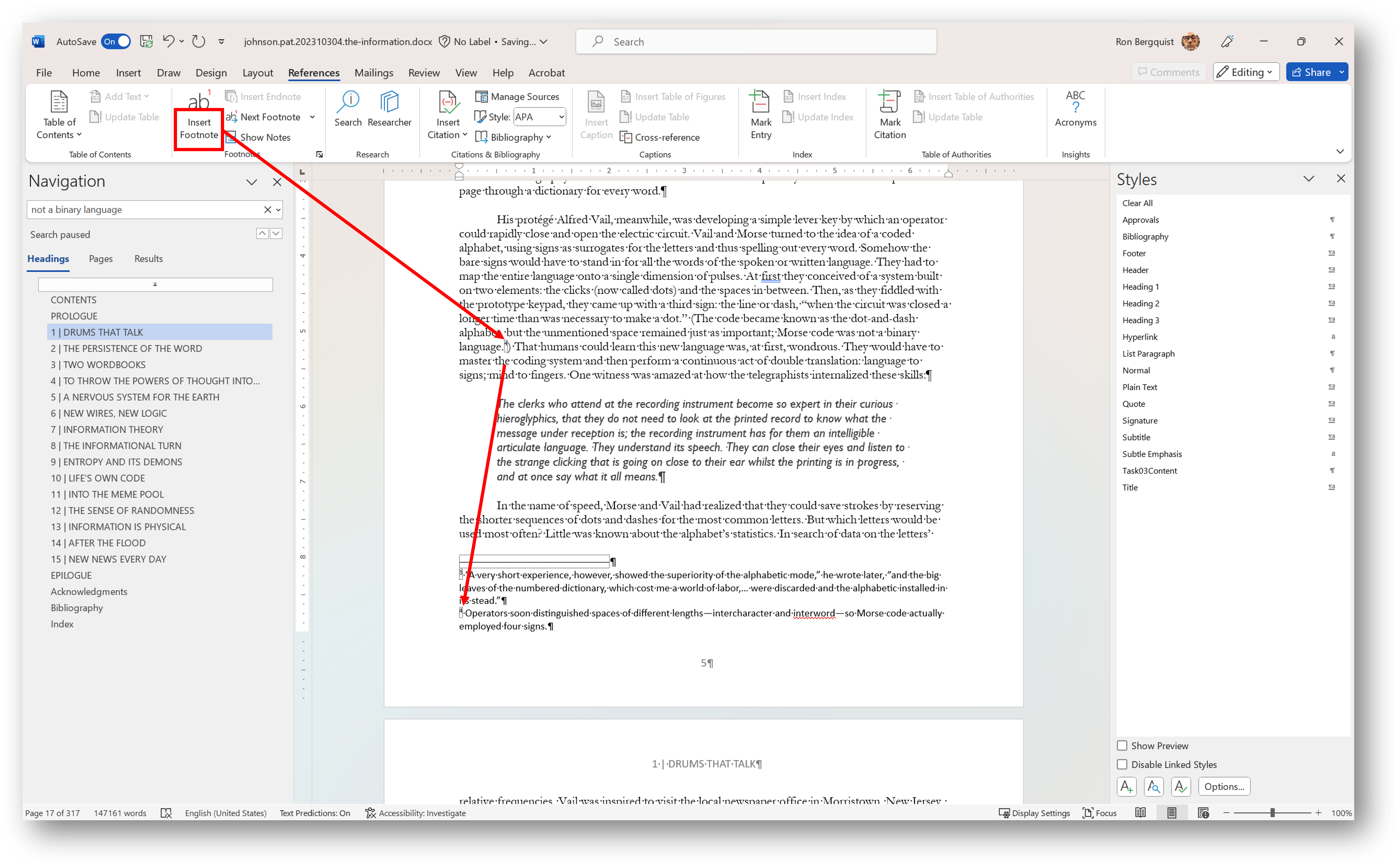 [MSWord 365 footdnote tool and location]