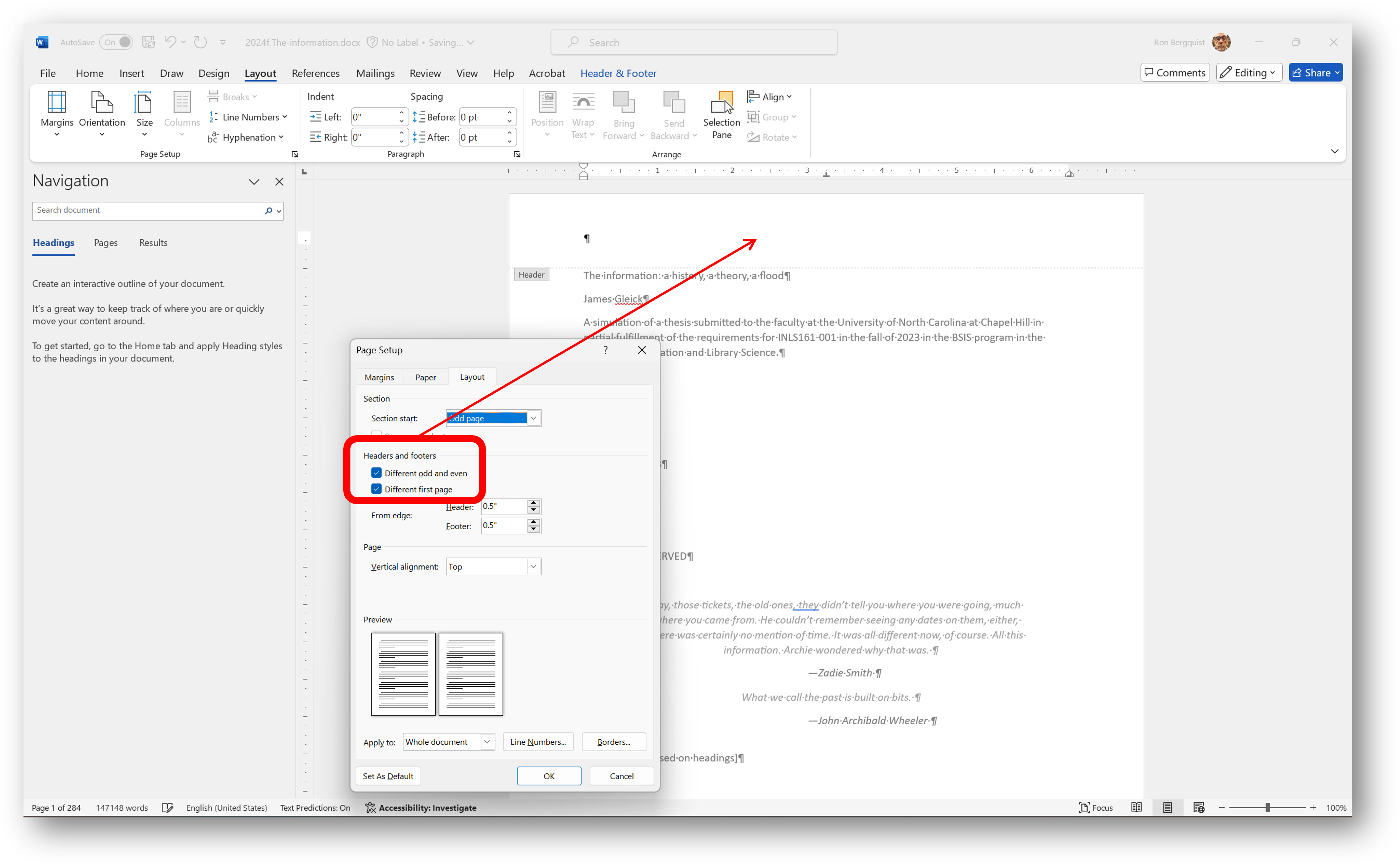 [MSWord page setup section start, headers and footers]
