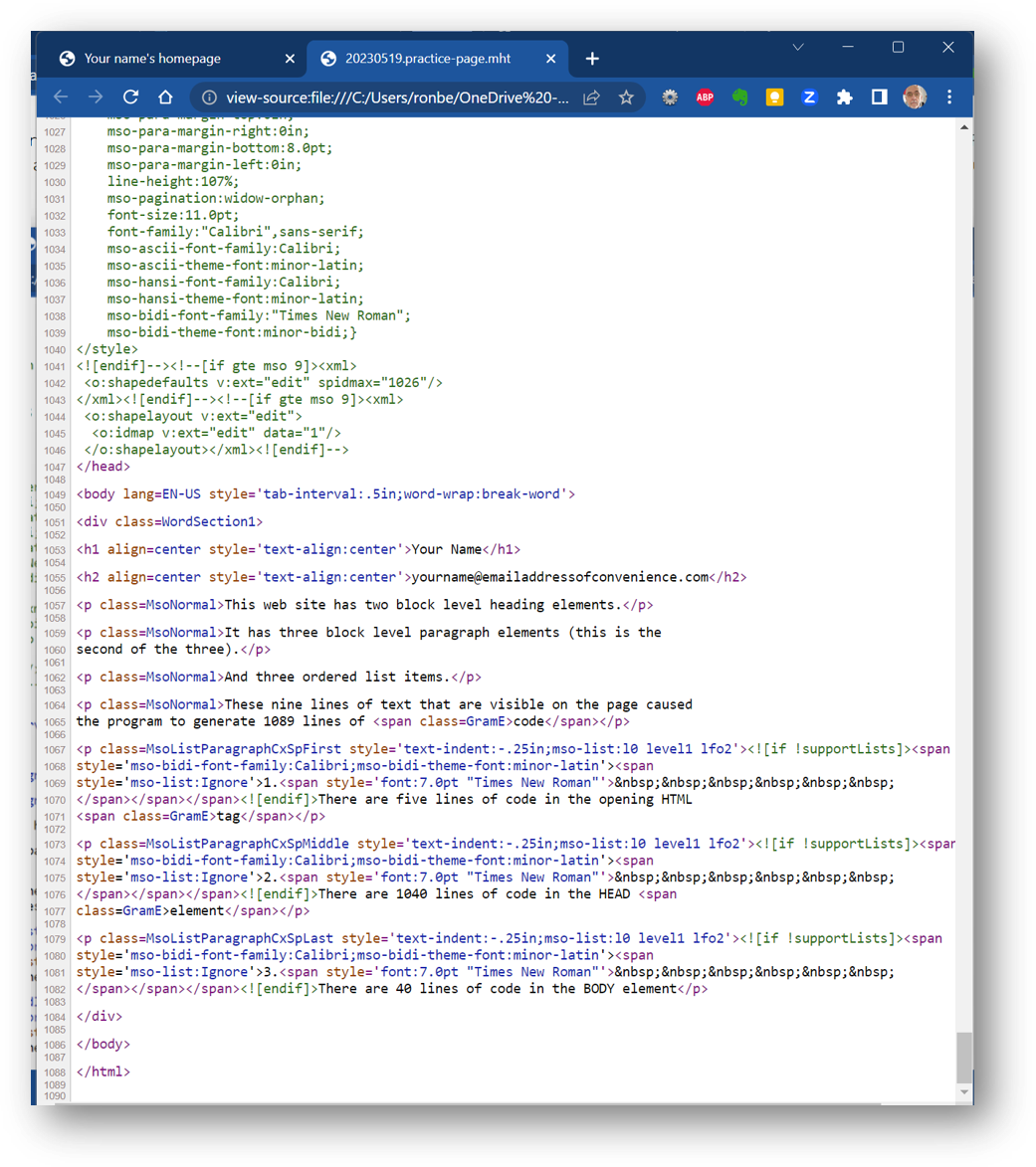 an image of what the practice page code looks like in Chrome