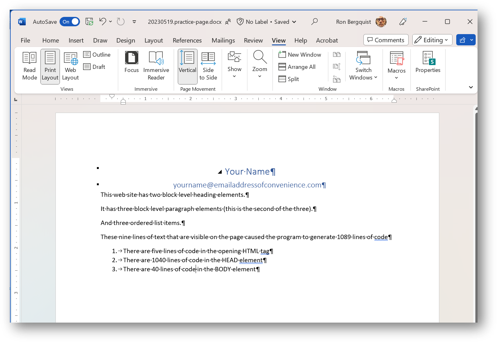 an image of what the practice page looks like in MSWord