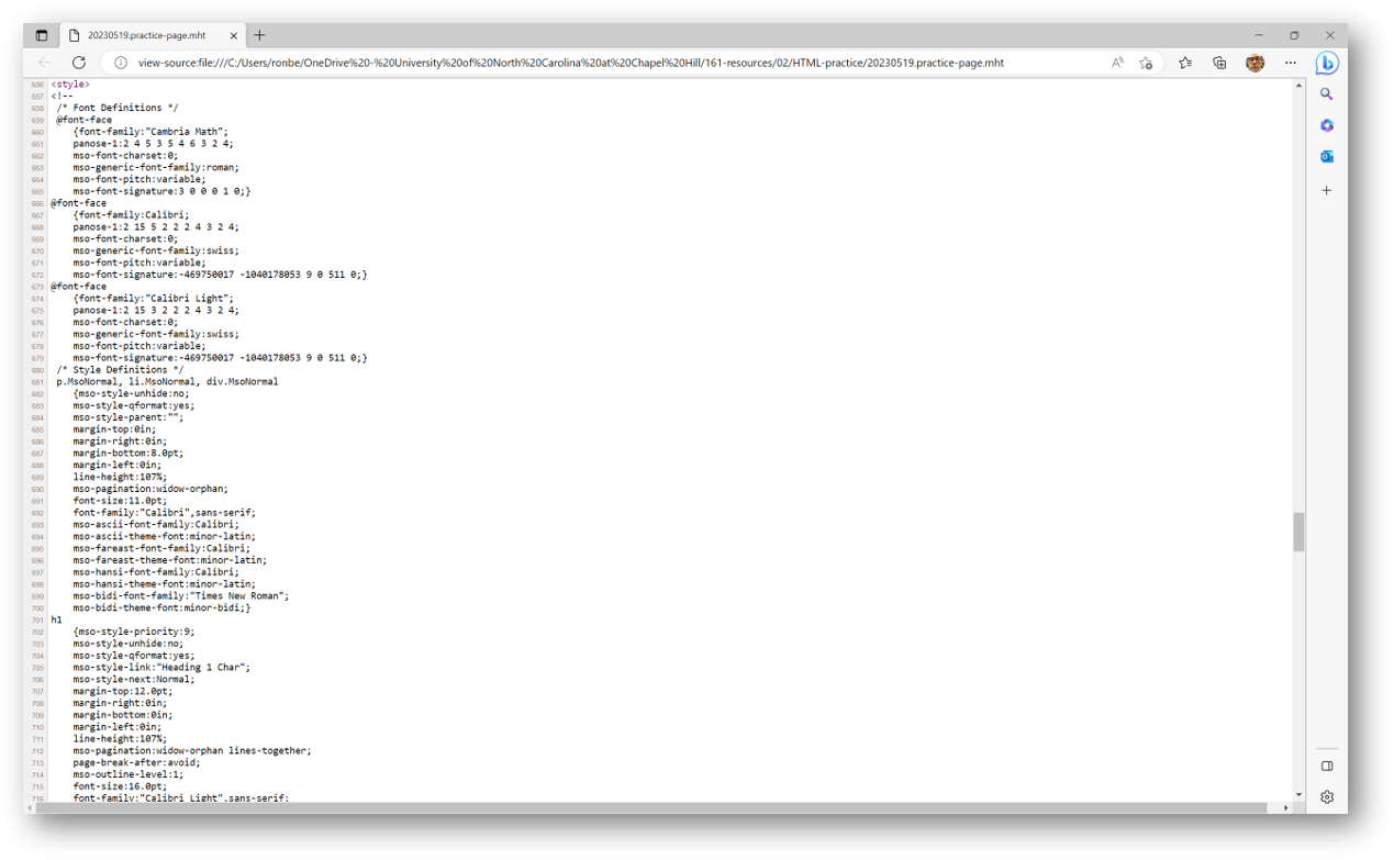 screenshot of the lines 656 to 716 of the MSWord created web page