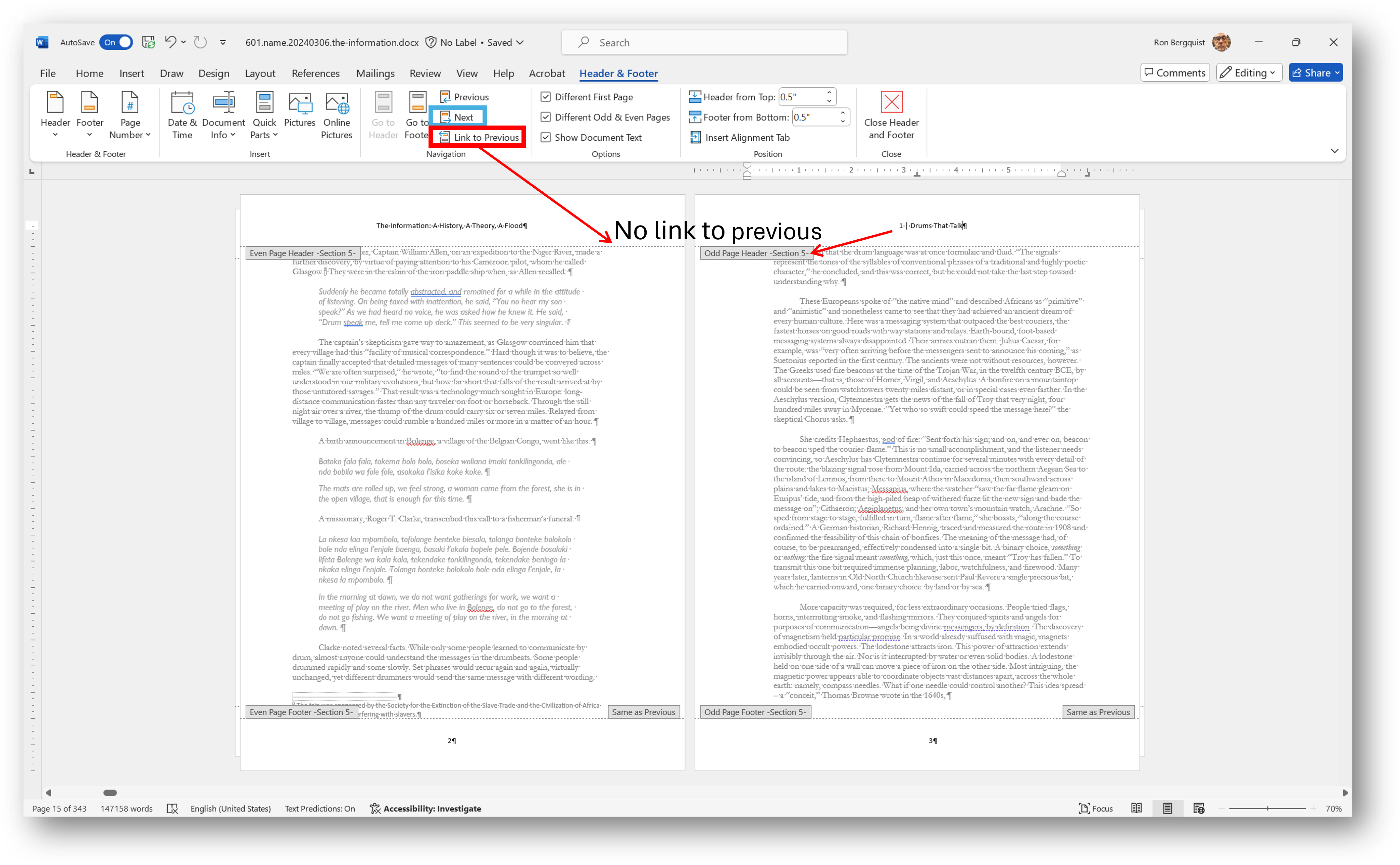 [MSWord 365 header formatting]