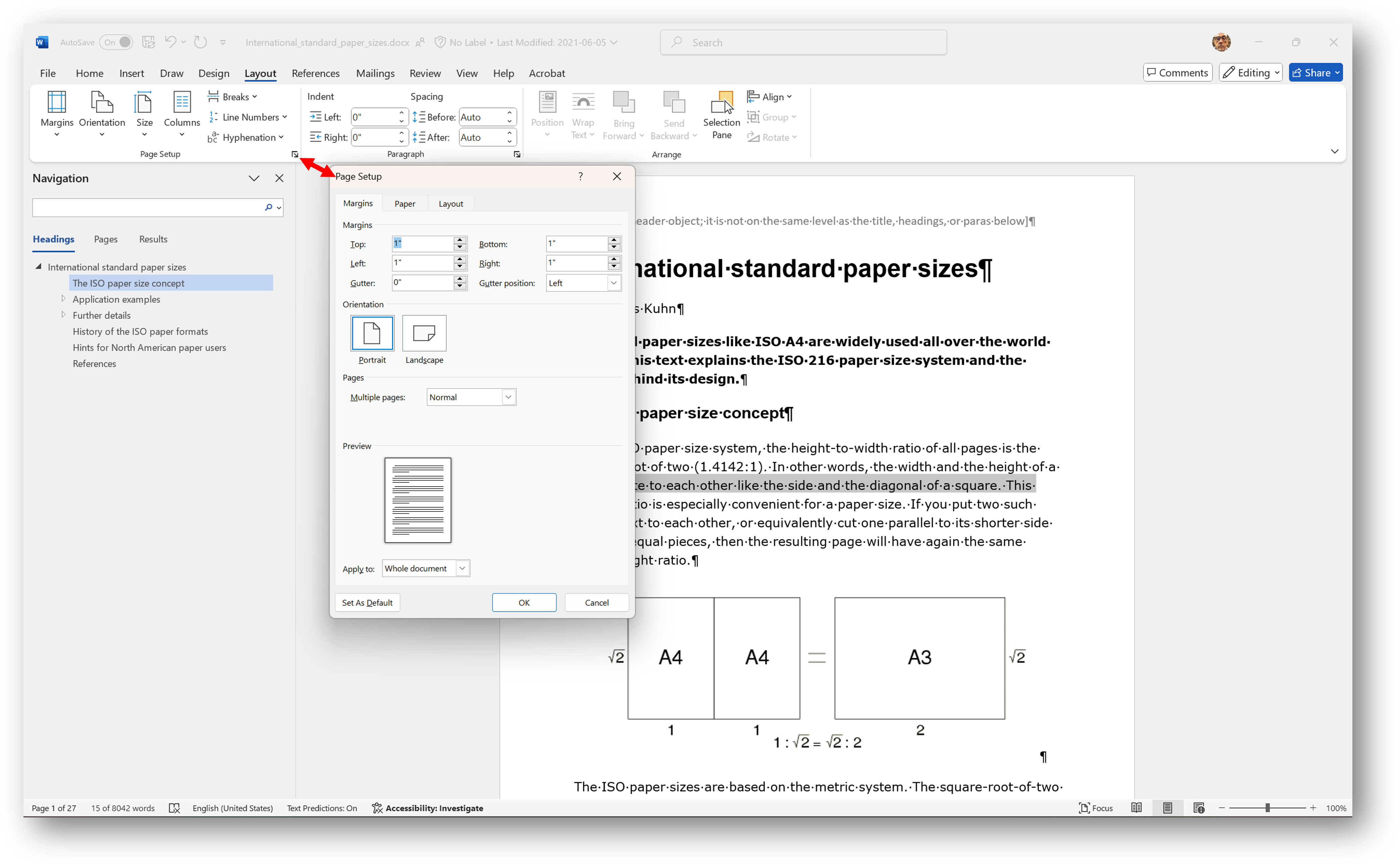 [page margins dialog box for MSWord]