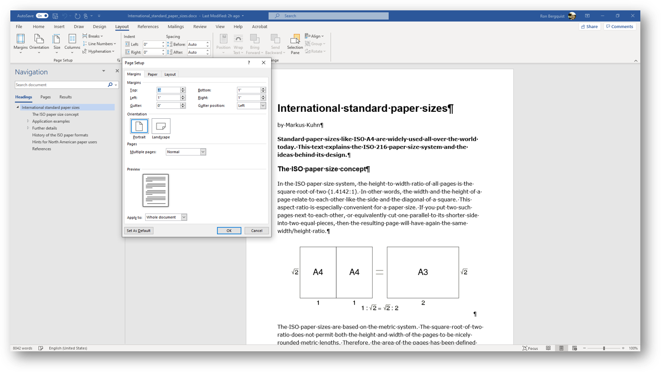 [Office365 page setup ribbon and dialog box]