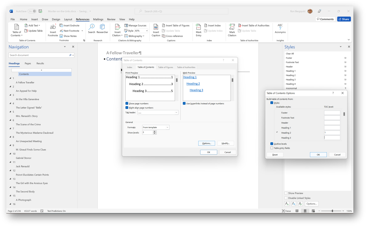 [MSWord 365 showing a heading 2 based table of contents]