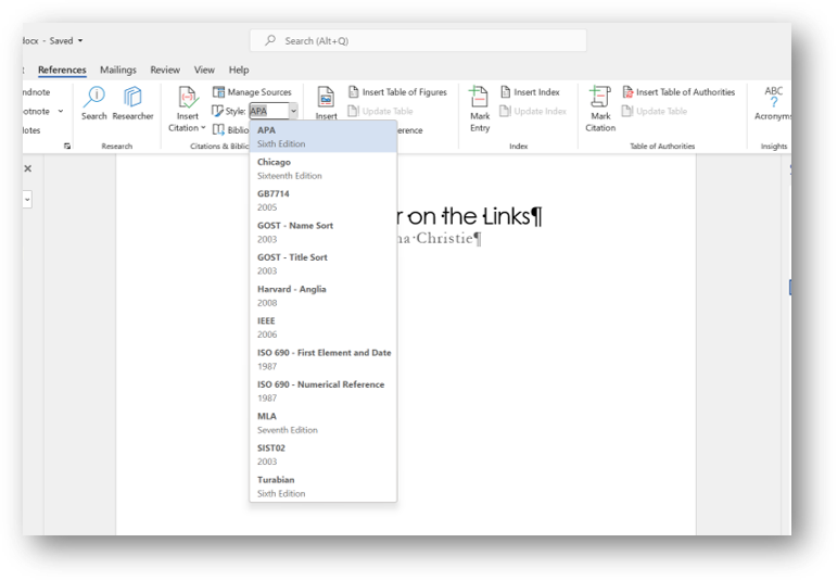 [MSWord 365 showing citation styles]