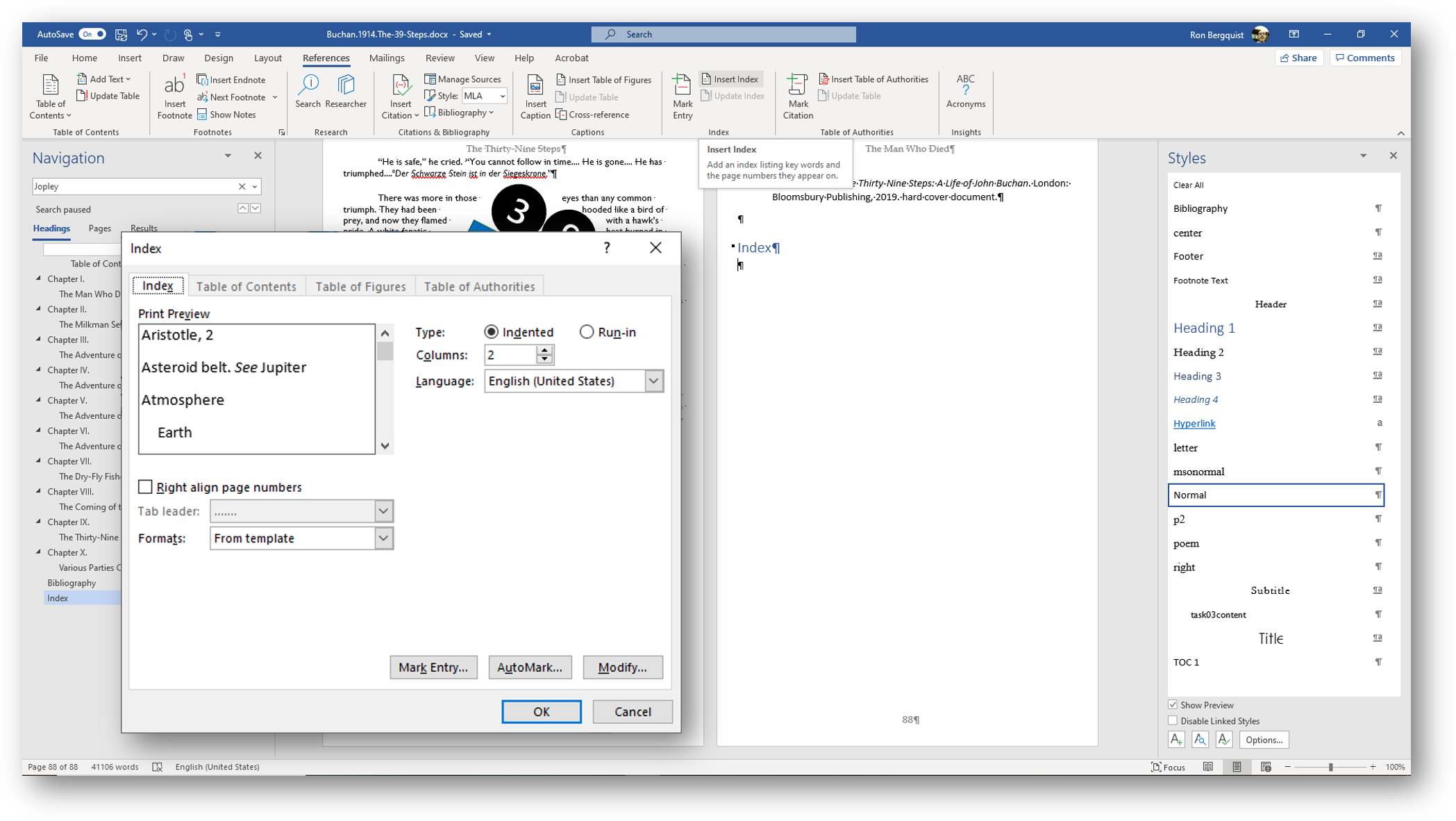 [Office365 insert index dialog box]