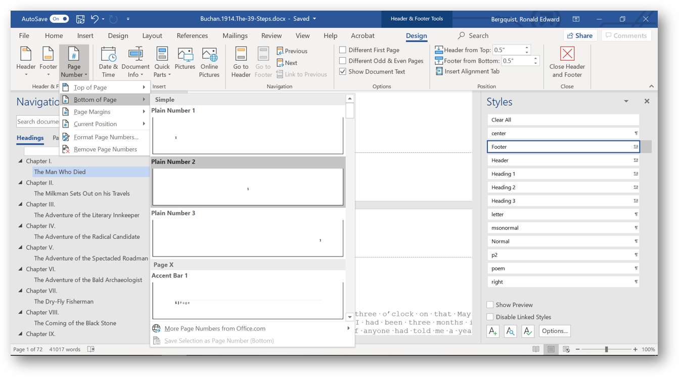 [Office365 page numbering dialog box]