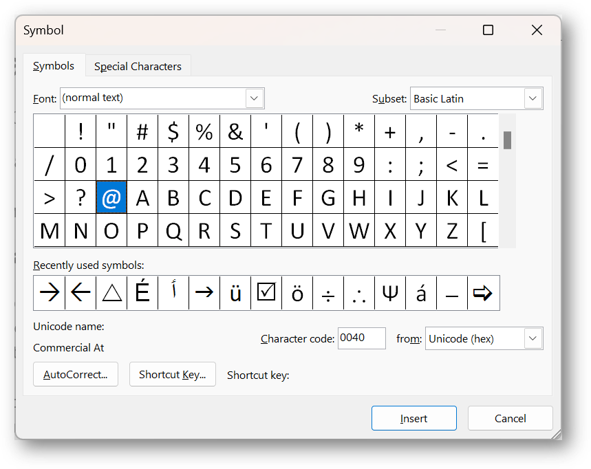 [Office365 special characters/symbols dialog box]