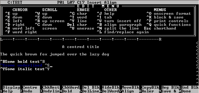 WordStar screen view