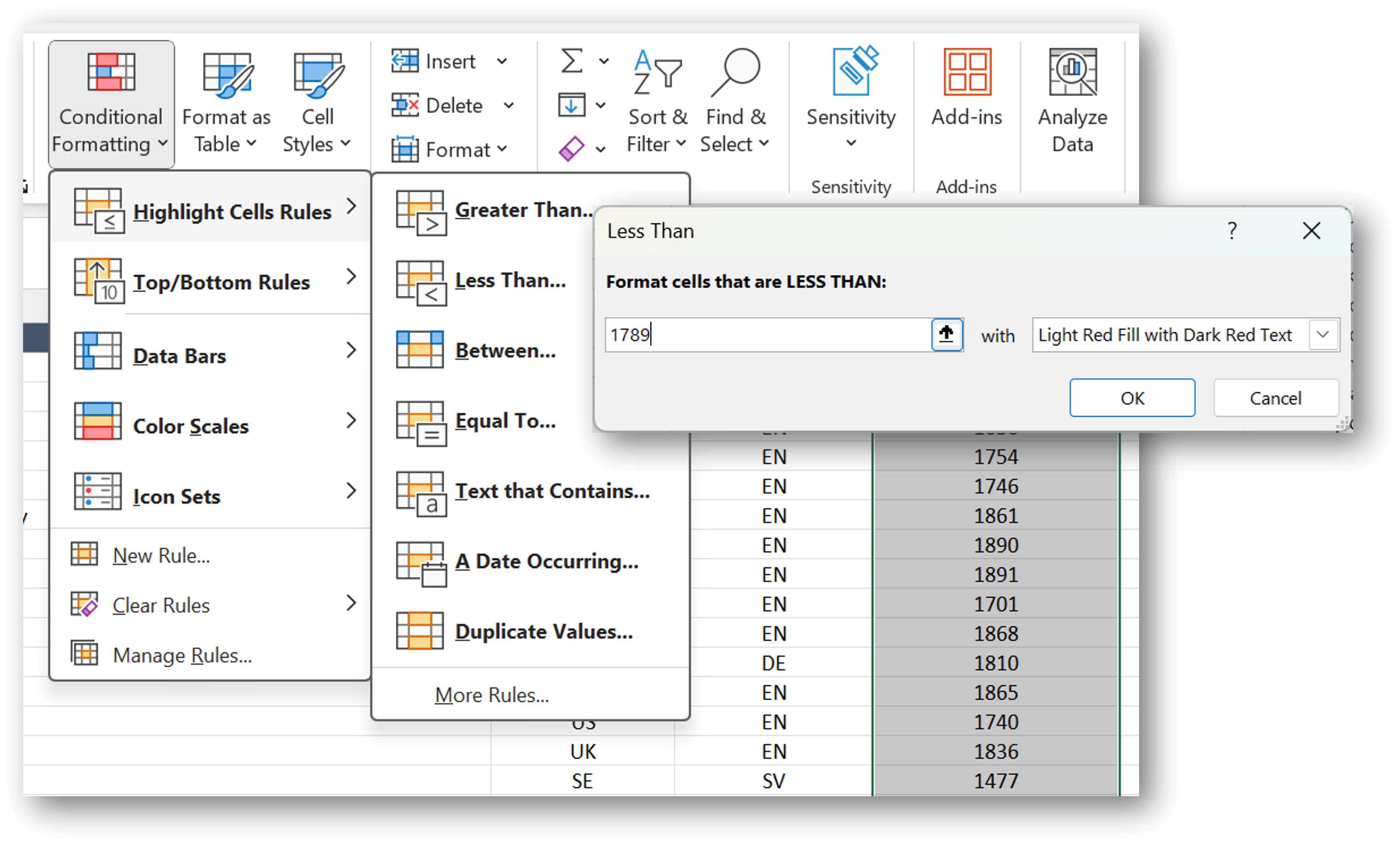 [MSExcel 2007+ conditional formattingr dialog box]