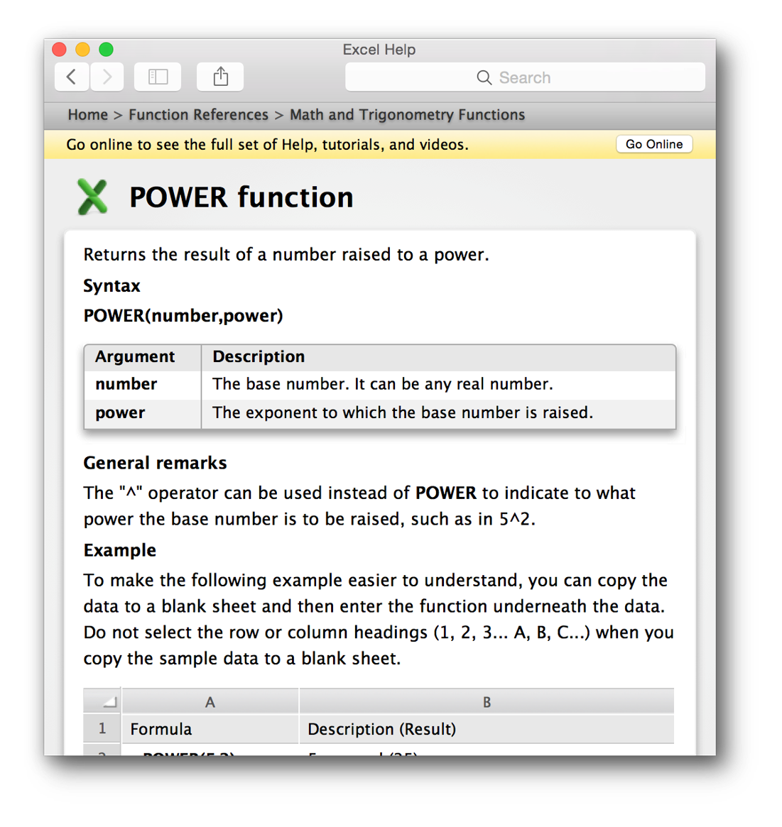 [MSExcel 2013 displaying a power function]